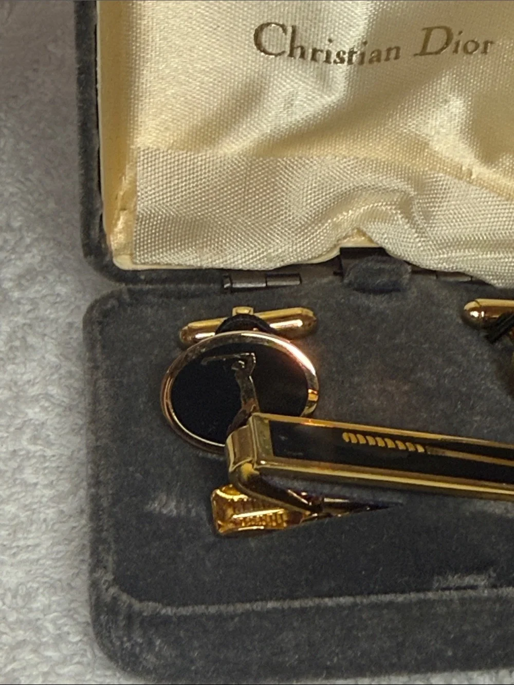 Vintage Christian Dior GOLF Gold/Black Matching tie clip and cuff links.